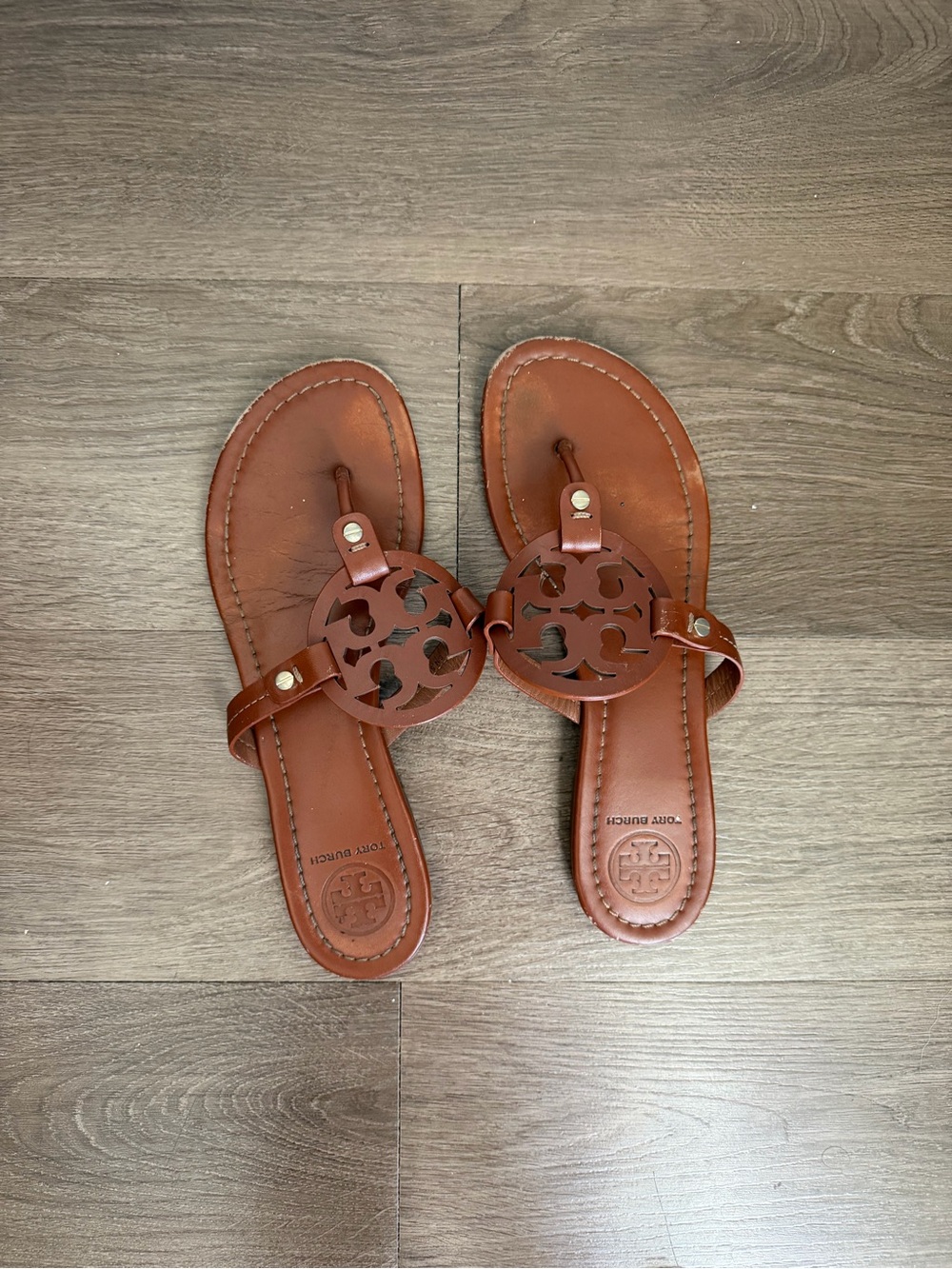 Tory Burch Brown Leather Logo Thong Sandals